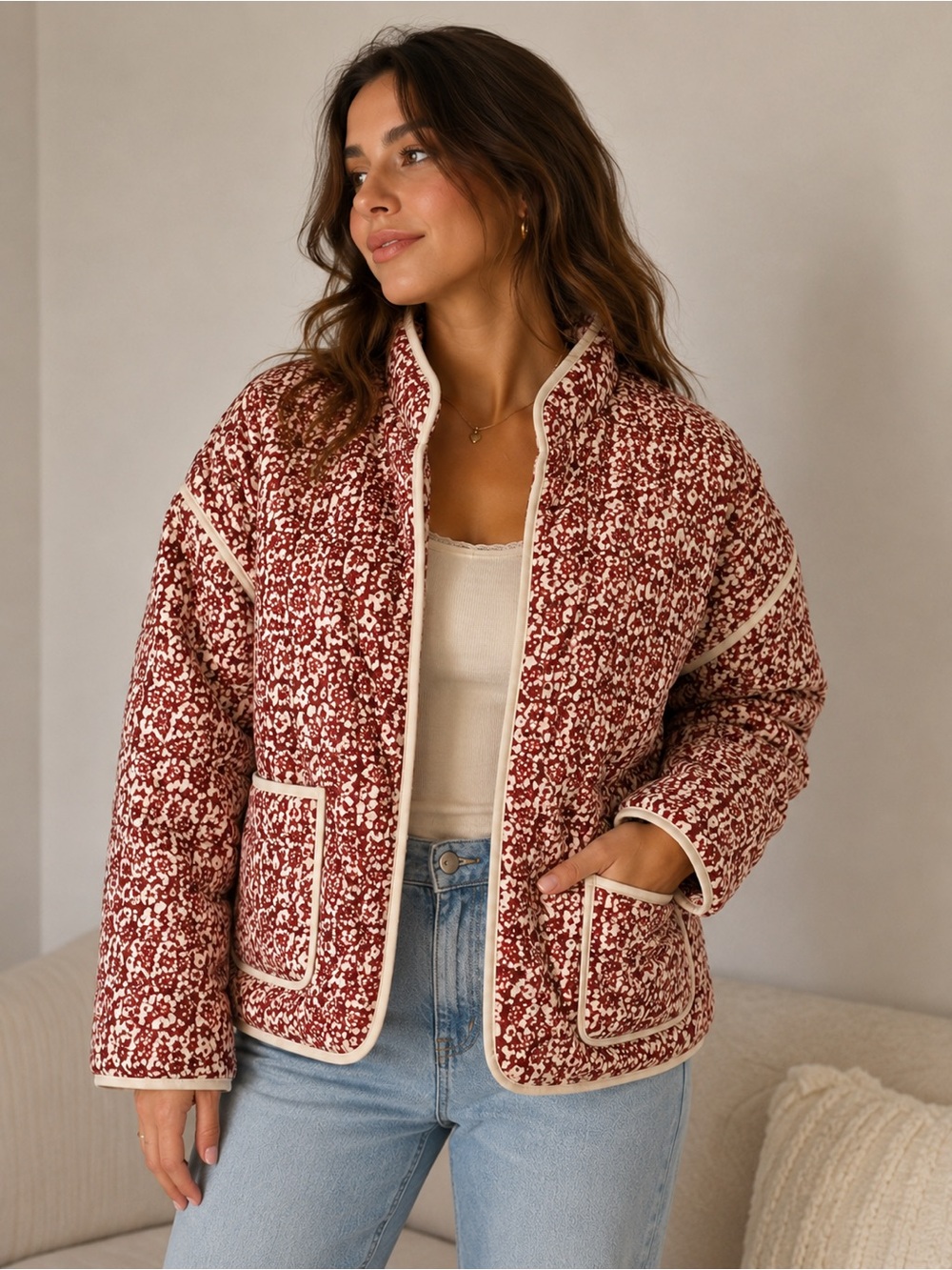 Cider Floral Quilted Puffer Jacket Cottagecore Burgundy Cream